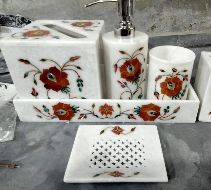 Floral Inlay Marble Bath Set