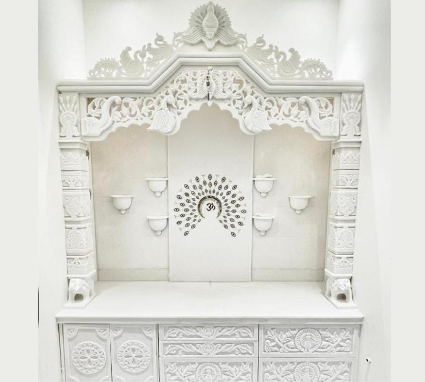 Ornate Peacock Engraved Marble Mandir