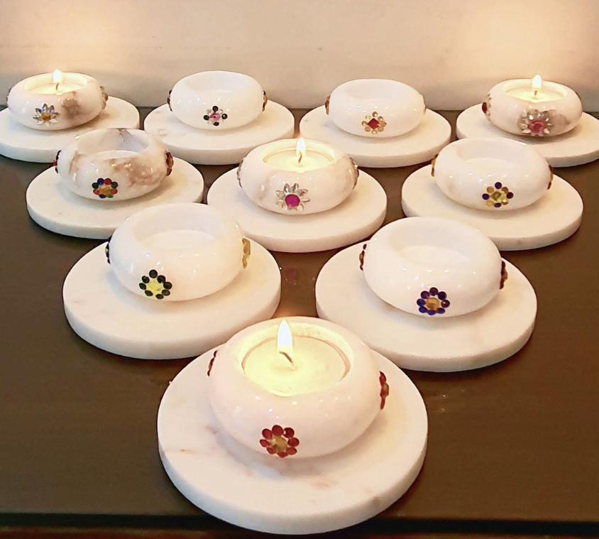 Gemstone Studded Marble Tea Light Holder