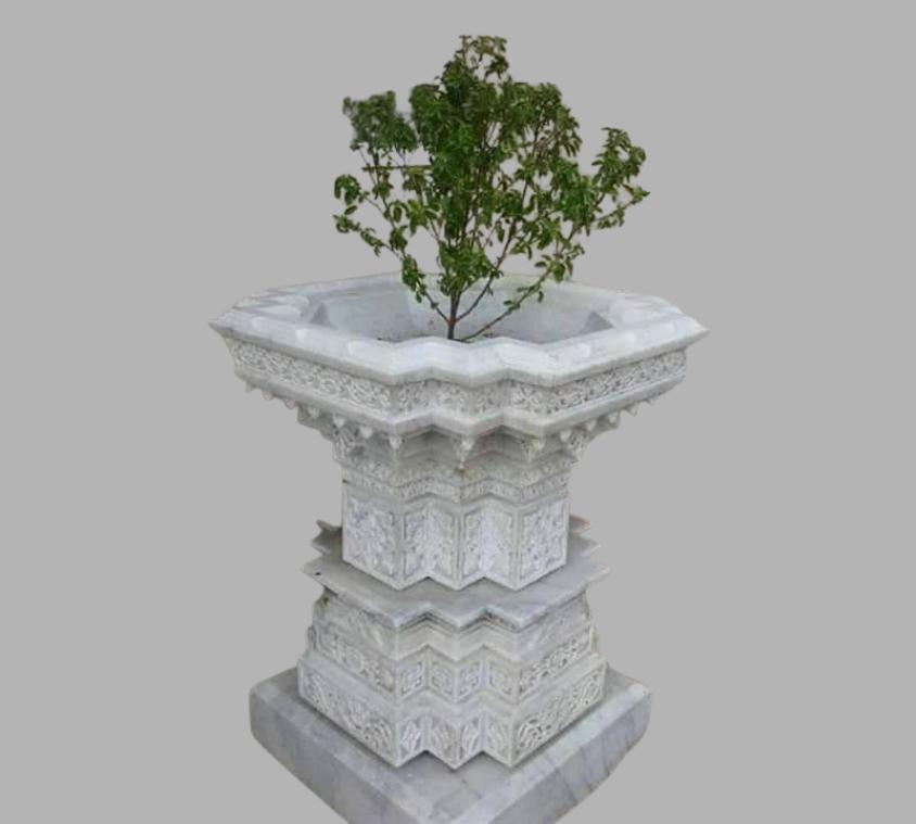 Ornate White Marble Tulsi Kyari With Pillar Base