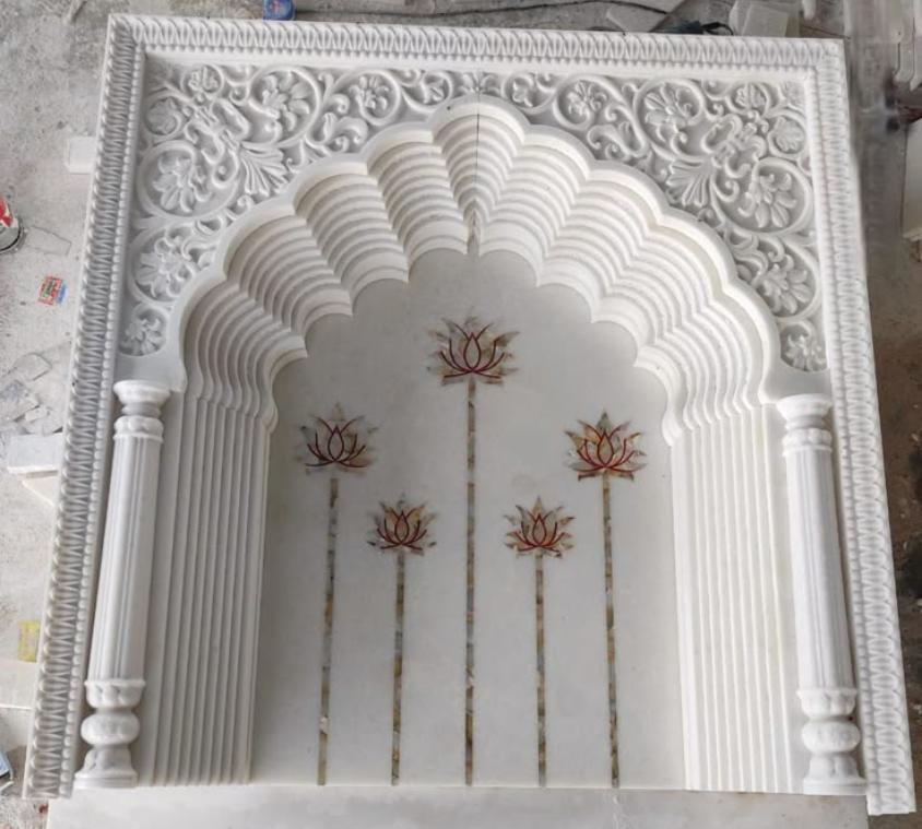 Lotus Motif Carved White Marble Temple