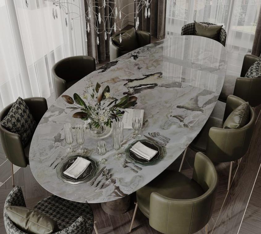 Designer White Marble Oval Dining Set